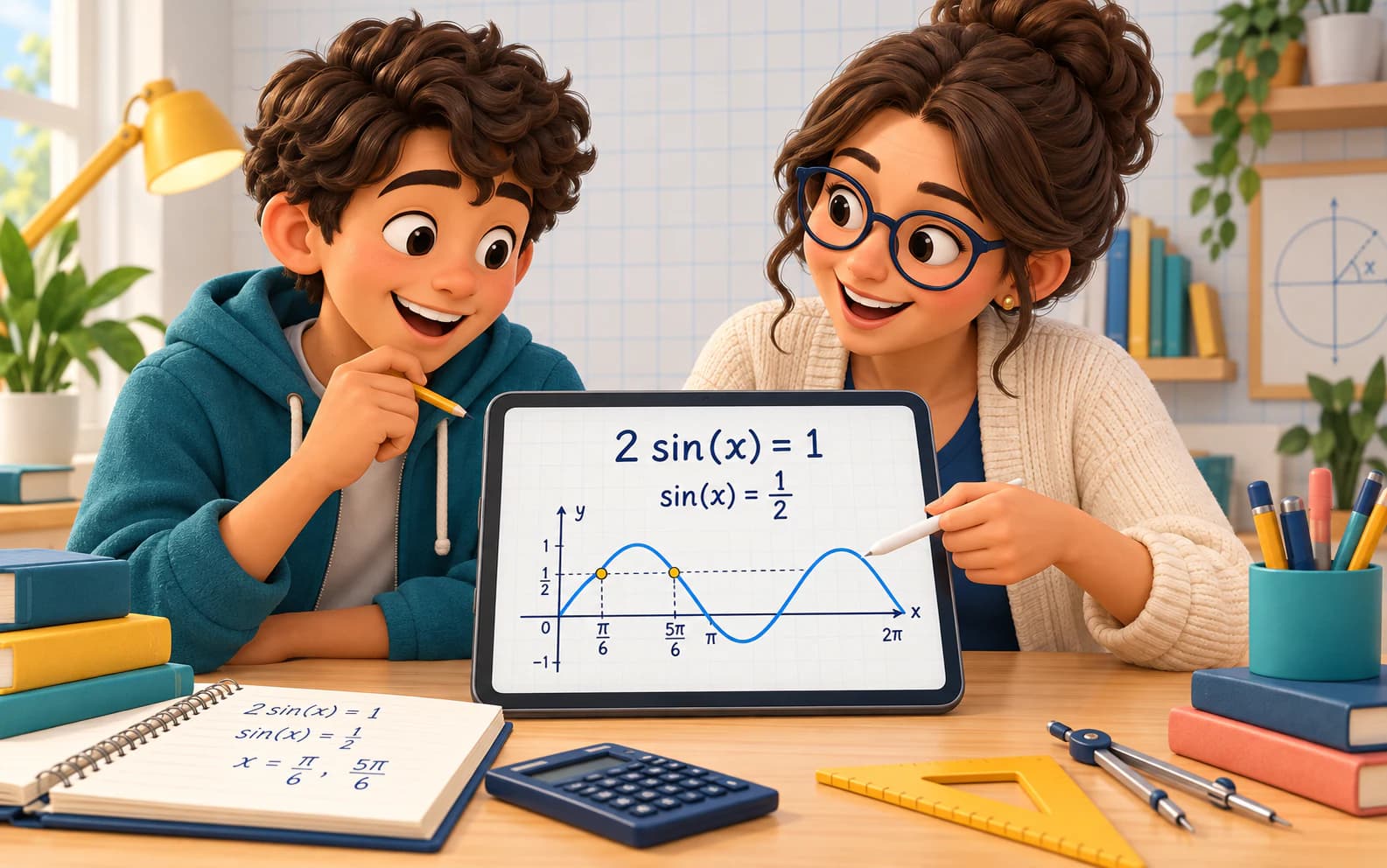Teen student and tutor analyzing a trigonometric sine wave and solving 2sin(x) = 1 on a tablet