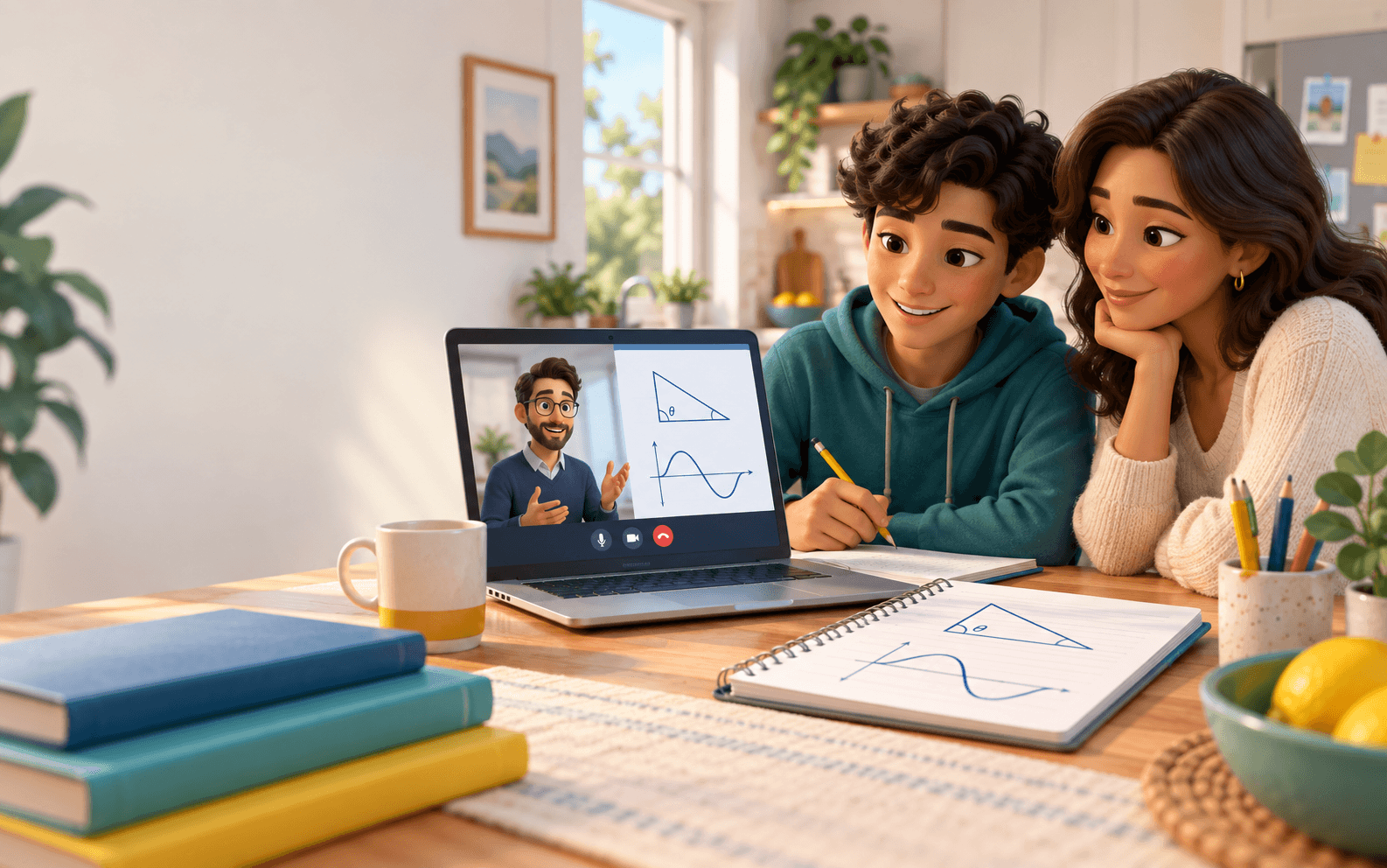 Teen student and parent reviewing a tutoring plan with an online tutor and trigonometry work